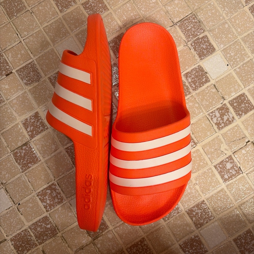 adidas Orange (Coral)  Slide Sandals with White Stripes